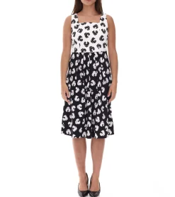 Große Größen|Kleider*O46bpx Damen Sommer-Kleid mit grafischem Druck Baumwoll-Kleid Frühlings-Kleid ohne Ärmel Midi-Kleid 948746 Weiß/Schwarz