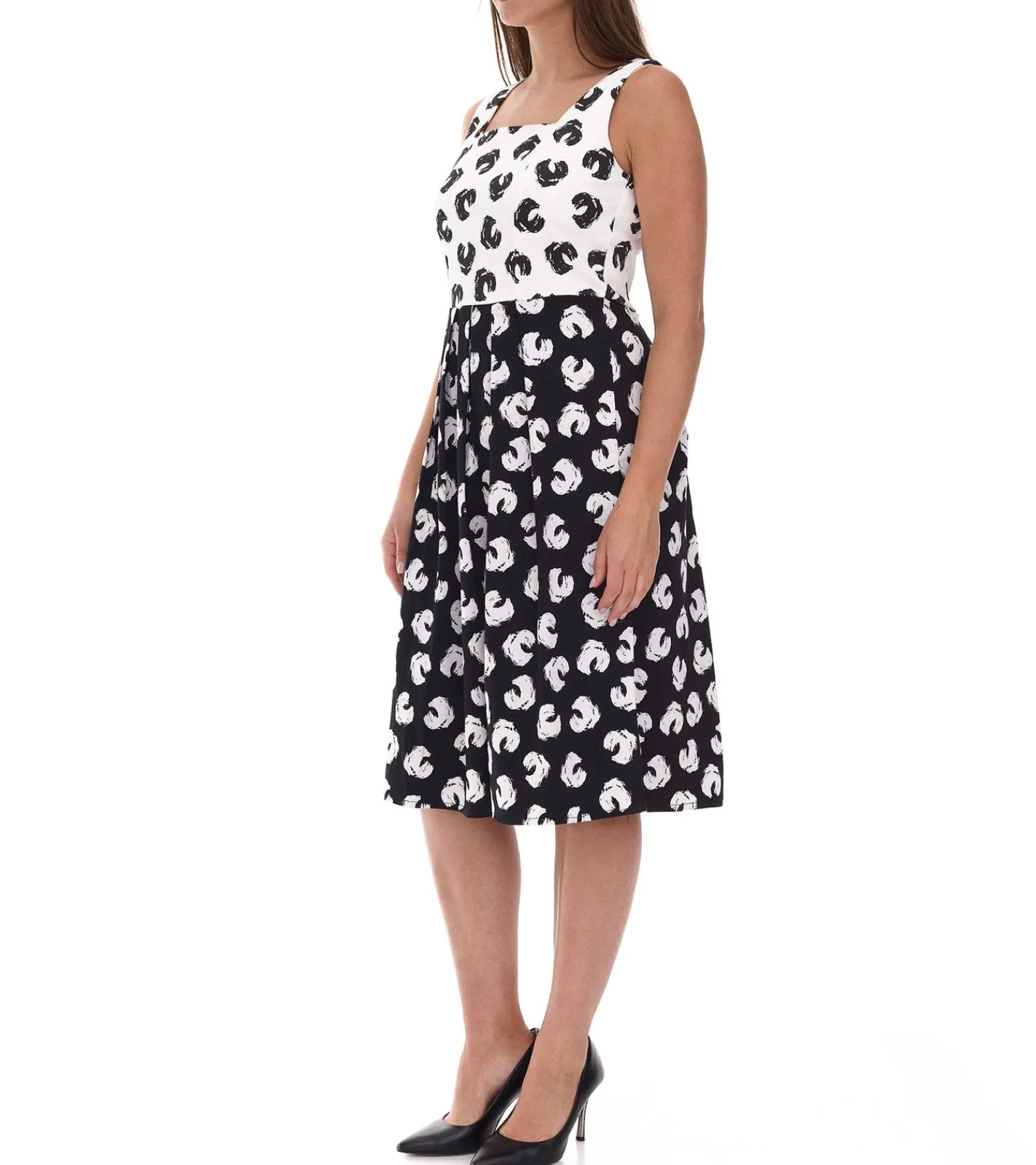 Große Größen|Kleider*O46bpx Damen Sommer-Kleid mit grafischem Druck Baumwoll-Kleid Frühlings-Kleid ohne Ärmel Midi-Kleid 948746 Weiß/Schwarz