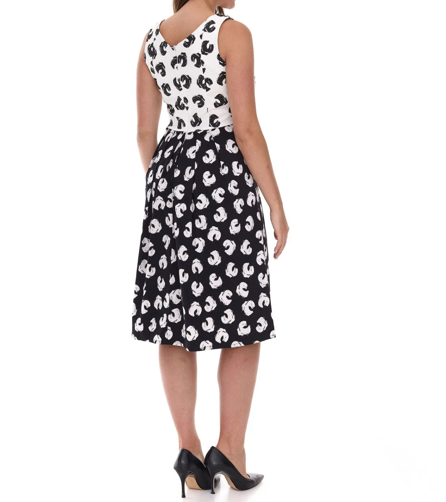 Große Größen|Kleider*O46bpx Damen Sommer-Kleid mit grafischem Druck Baumwoll-Kleid Frühlings-Kleid ohne Ärmel Midi-Kleid 948746 Weiß/Schwarz