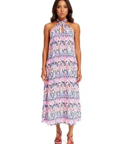 Große Größen|Kleider*O46bpx Damen Sommer-Kleid Neckholder-Kleid mit farbenfrohen Allover-Print ärmelloses Maxi-Kleid 968836 Rosa/Orange/Schwarz