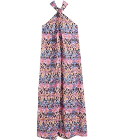 Große Größen|Kleider*O46bpx Damen Sommer-Kleid Neckholder-Kleid mit farbenfrohen Allover-Print ärmelloses Maxi-Kleid 968836 Rosa/Orange/Schwarz