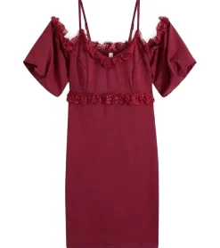 Kleider*O46bpx Damen Spitzen-Kleid schulterfreies Mini-Kleid mit dünnen, verstellbaren Trägern 951142 Burgunder-Rot