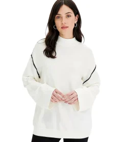 Sweater & Pullover*O46bpx Damen Stehkragen-Pullover mit Zierstich Oversized Strick-Pullover 954790 Creme-Weiß