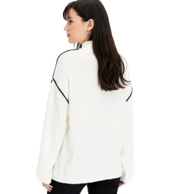 Sweater & Pullover*O46bpx Damen Stehkragen-Pullover mit Zierstich Oversized Strick-Pullover 954790 Creme-Weiß