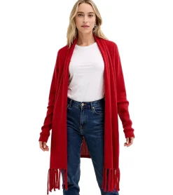 Sweater & Pullover|Strickjacken & Cardigans*O46bpx Damen Strick-Jacke aus Merino-Wolle lange Strickjacke mit Schal Poncho 915115 Rot