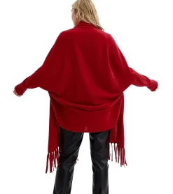 Sweater & Pullover|Strickjacken & Cardigans*O46bpx Damen Strick-Jacke aus Merino-Wolle lange Strickjacke mit Schal Poncho 915115 Rot