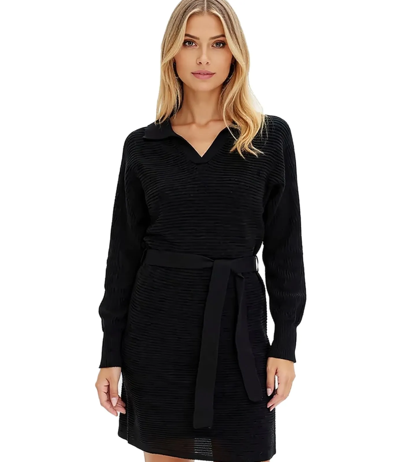 Kleider*O46bpx Damen Strick-Kleid Mini-Kleid mit Polo-Kragen Langarm-Kleid Baumwoll-Kleid 905509 Schwarz