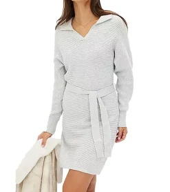 Kleider*O46bpx Damen Strick-Kleid Mini-Kleid mit Polo-Kragen Langarm-Kleid Baumwoll-Kleid 917467 Grau