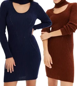 Große Größen|Kleider*O46bpx Damen Strick-Kleid Mini-Kleid mit Rollkragen und Ausschnittdetails Langarm-Kleid in Mahagoni-Braun oder Dunkel-Blau