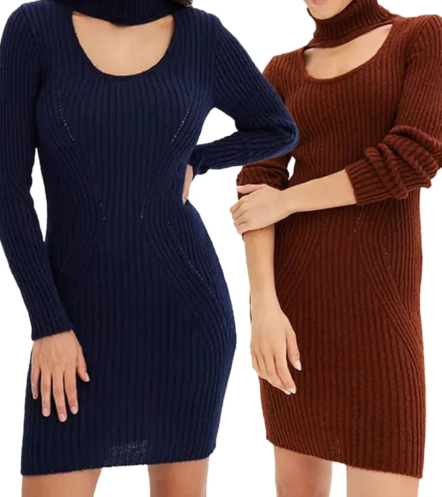 Große Größen|Kleider*O46bpx Damen Strick-Kleid Mini-Kleid mit Rollkragen und Ausschnittdetails Langarm-Kleid in Mahagoni-Braun oder Dunkel-Blau