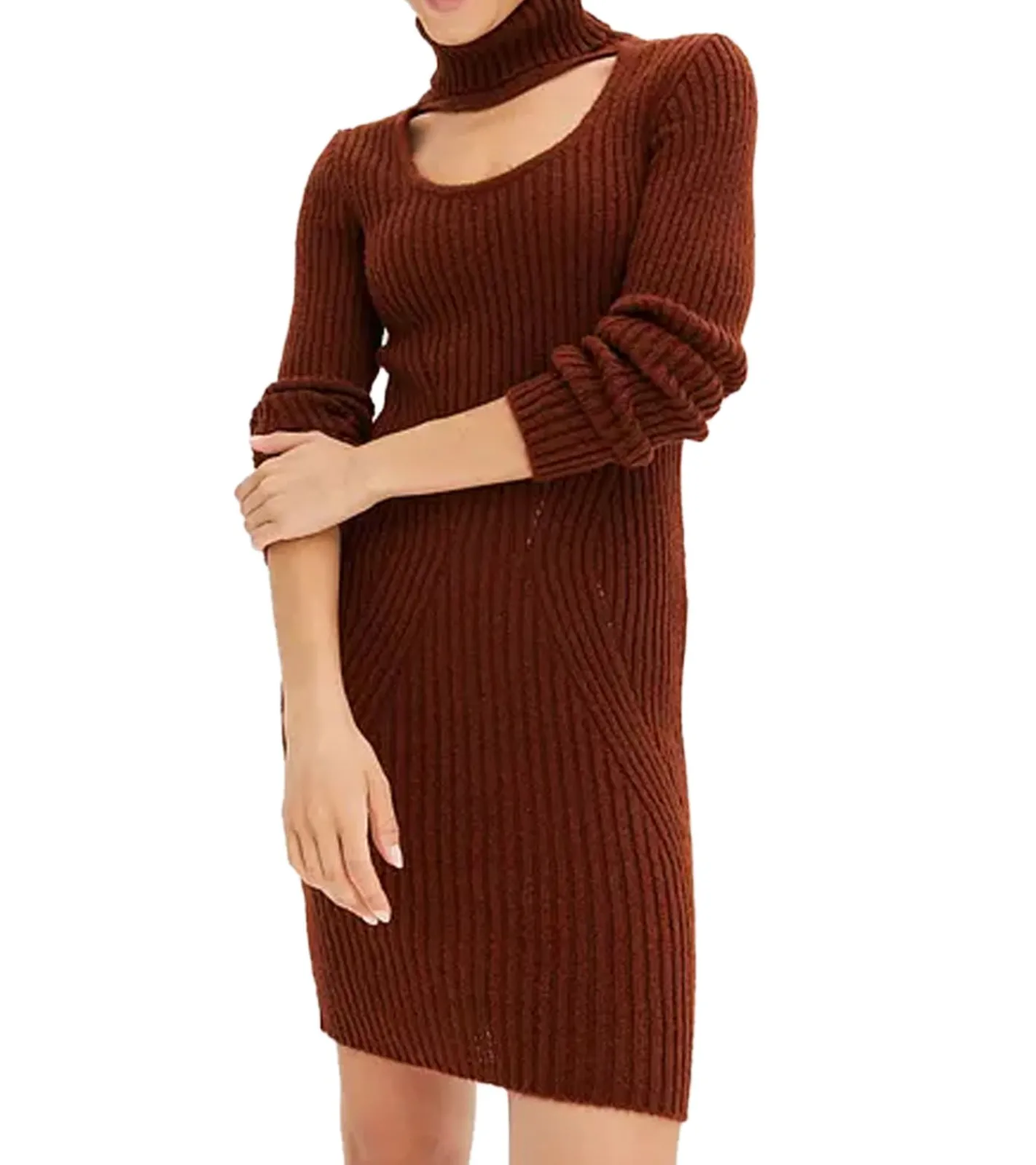 Große Größen|Kleider*O46bpx Damen Strick-Kleid Mini-Kleid mit Rollkragen und Ausschnittdetails Langarm-Kleid in Mahagoni-Braun oder Dunkel-Blau
