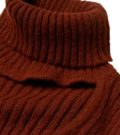 Große Größen|Kleider*O46bpx Damen Strick-Kleid Mini-Kleid mit Rollkragen und Ausschnittdetails Langarm-Kleid in Mahagoni-Braun oder Dunkel-Blau