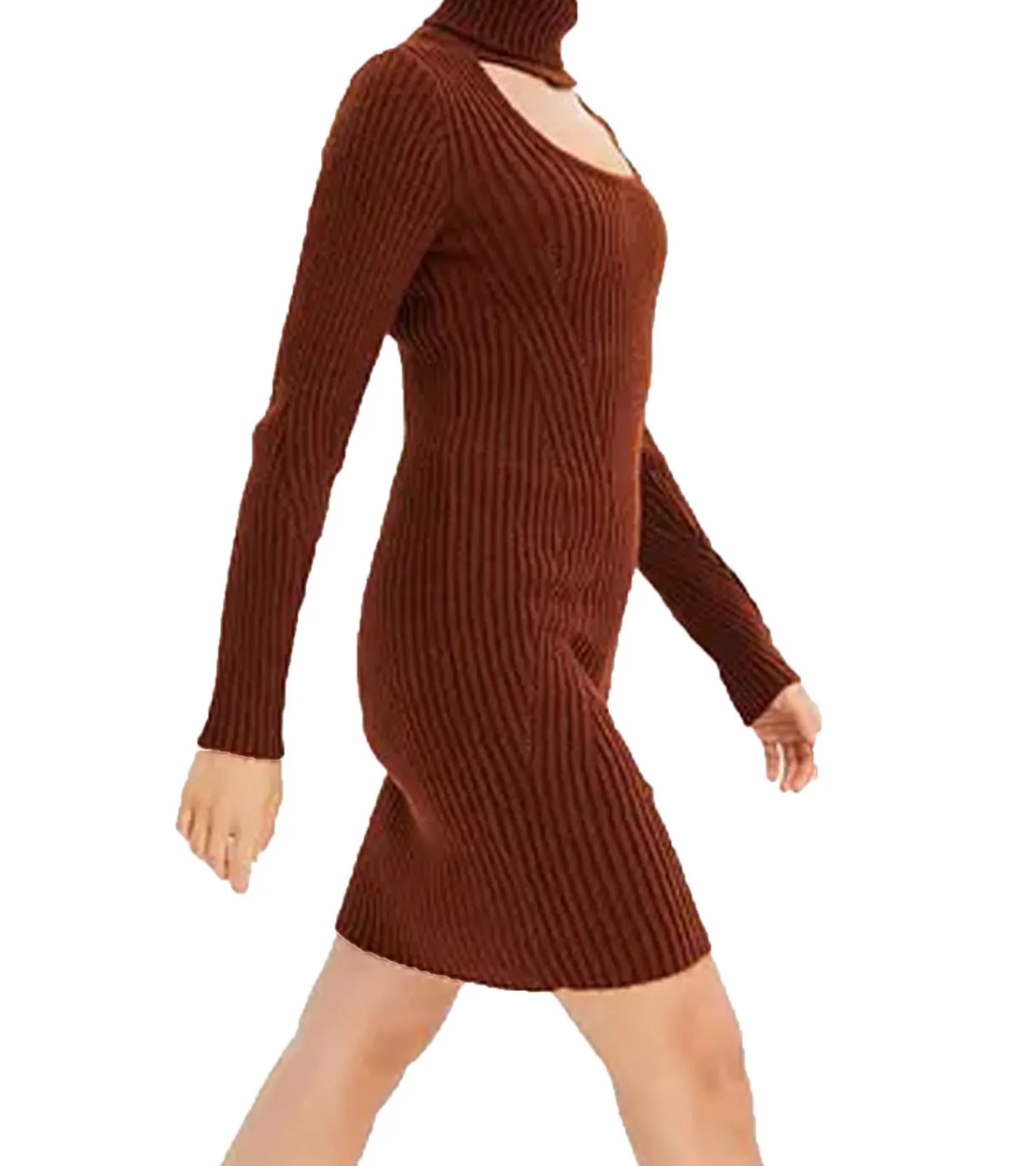 Große Größen|Kleider*O46bpx Damen Strick-Kleid Mini-Kleid mit Rollkragen und Ausschnittdetails Langarm-Kleid in Mahagoni-Braun oder Dunkel-Blau