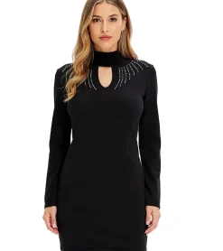 Kleider*O46bpx Damen Strick-Kleid Mini-Kleid mit Rollkragen und Ausschnittdetails Langarm-Kleid 916864 Schwarz