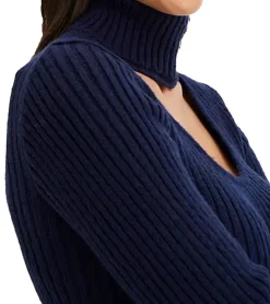 Große Größen|Kleider*O46bpx Damen Strick-Kleid Mini-Kleid mit Rollkragen und Ausschnittdetails Langarm-Kleid 960726 Dunkelblau