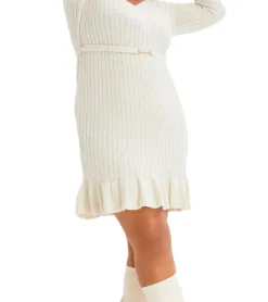 Große Größen|Kleider*O46bpx Damen Strick-Kleid Mini-Kleid mit Volant und Zierschnalle Langarm-Kleid Große Größen 924580 Creme meliert