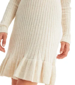 Große Größen|Kleider*O46bpx Damen Strick-Kleid Mini-Kleid mit Volant und Zierschnalle Langarm-Kleid Große Größen 924580 Creme meliert