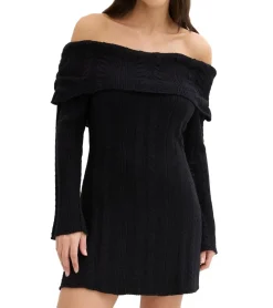 Kleider*O46bpx Damen Strick-Kleid mit Bardot-Ausschnitt Mini-Kleid Schulterfrei 970506 Schwarz