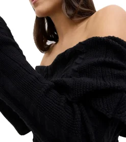 Kleider*O46bpx Damen Strick-Kleid mit Bardot-Ausschnitt Mini-Kleid Schulterfrei 970506 Schwarz