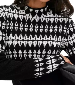 Kleider*O46bpx Damen Strick-Kleid mit Fairisle-Print Langarm-Kleid Herbst-Kleid 923627 Schwarz/Weiß