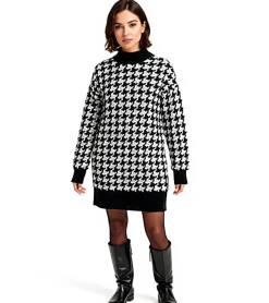 Kleider*O46bpx Damen Strick-Kleid mit Hahnentritt-Muster Mini-Kleid mit langen Ärmeln und Stehkragen 914658 Schwarz/Weiß