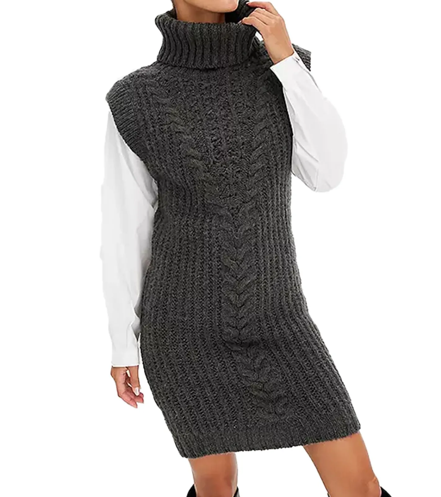 Kleider|Sweater & Pullover*O46bpx Damen Strick-Kleid mit Rollkragen Pullover-Kleid im Zopfmuster 964128 Grau