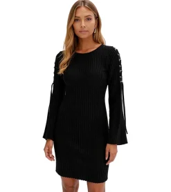 Kleider*O46bpx Damen Strick-Kleid mit Schnürung Mini-Kleid Langarm-Kleid 912630 Schwarz