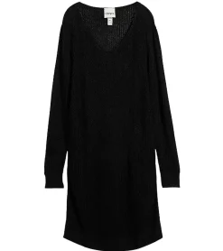 Kleider*O46bpx Damen Strick-Kleid mit V-Ausschnitt Mini-Kleid mit geradem Schnitt Langarm-Kleid 971974 Schwarz