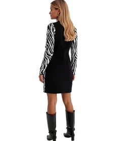 Kleider*O46bpx Damen Strick-Kleid mit Zebramuster Langarm-Kleid Ausgeh-Kleid 920455 Weiß/Schwarz