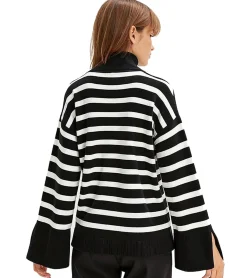 Sweater & Pullover*O46bpx Damen Strick-Pullover gestreifter Feinstrick-Pulli mit weiten Ärmeln 933284 Schwarz/Weiß