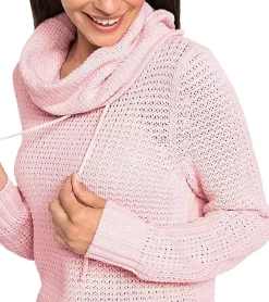 Sweater & Pullover*O46bpx Damen Strick-Pullover mit Rollkragen und Kordelzug im Zopfmuster Baumwoll-Pullover Freizeit-Sweater 962955 Rosa