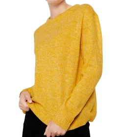 Sweater & Pullover*O46bpx Damen Strick-Pullover mit Rundhals-Ausschnitt Langarm-Shirt 906742 Gelb/Weiß