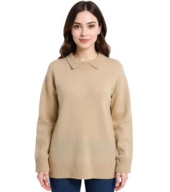 Sweater & Pullover*O46bpx Damen Strick-Pullover mit Kent-Kragen Oversized Alltags-Pullover Sweater 924028 Beige