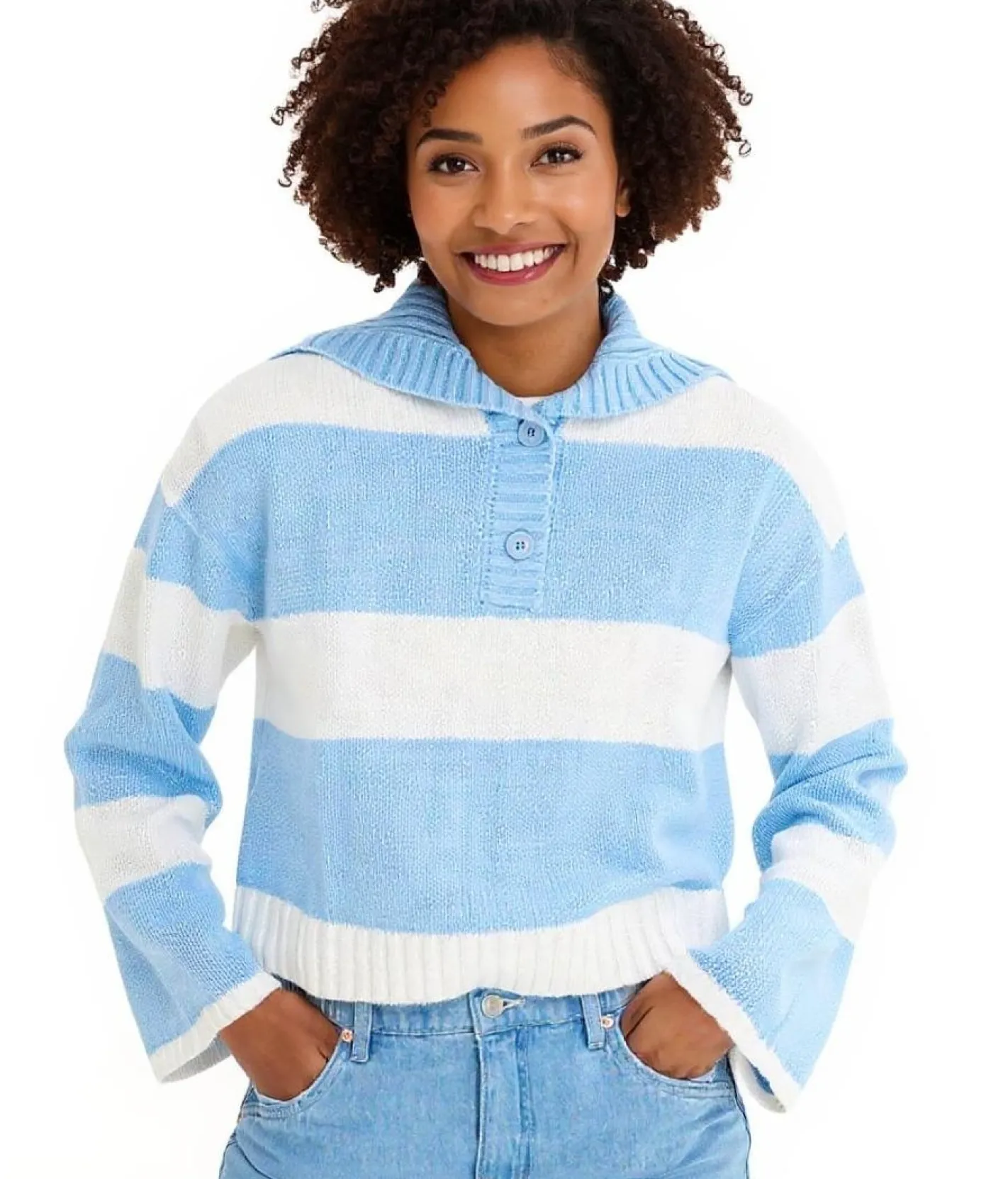 Große Größen|Sweater & Pullover*O46bpx Damen Strick-Troyer mit Knöpfen gestreifter Strick-Pulli Große Größen 971190 Weiß/Hellblau