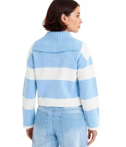 Große Größen|Sweater & Pullover*O46bpx Damen Strick-Troyer mit Knöpfen gestreifter Strick-Pulli Große Größen 971190 Weiß/Hellblau