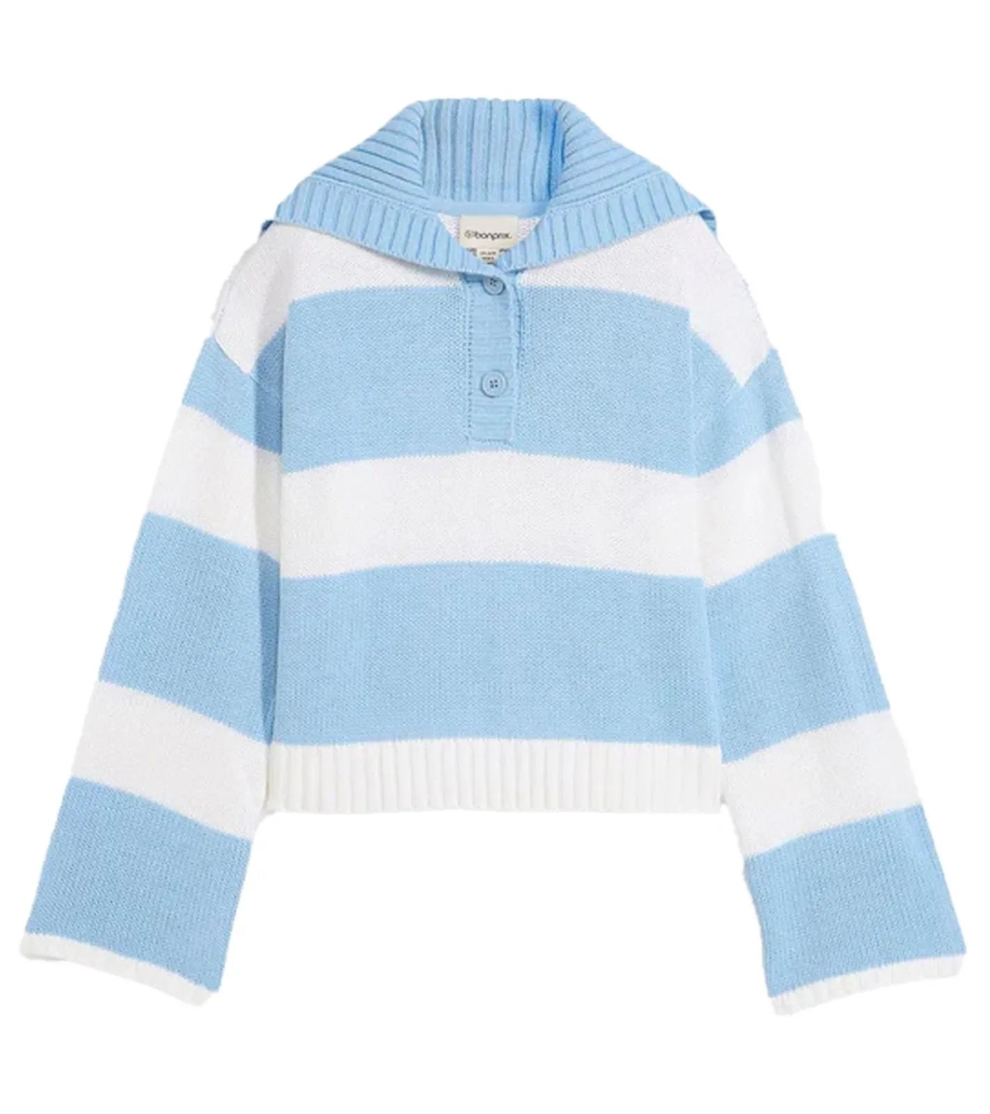 Große Größen|Sweater & Pullover*O46bpx Damen Strick-Troyer mit Knöpfen gestreifter Strick-Pulli Große Größen 971190 Weiß/Hellblau