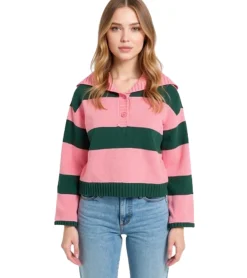 Große Größen|Sweater & Pullover*O46bpx Damen Strick-Troyer mit Knöpfen gestreifter Strick-Pulli Große Größen 974173 Rosa/Grün