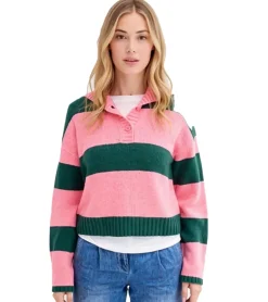 Große Größen|Sweater & Pullover*O46bpx Damen Strick-Troyer mit Knöpfen gestreifter Strick-Pulli Große Größen 974173 Rosa/Grün