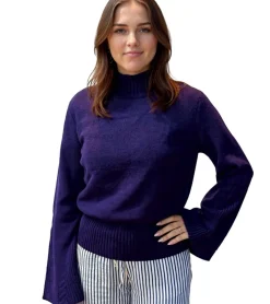 Sweater & Pullover*O46bpx Damen Sweatshirt Strick-Pullover mit Trompeten-Ärmel Sommer-Pullover Langarm-Shirt 920021 Lila