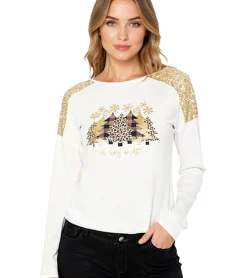 Sweater & Pullover*O46bpx Damen Weihnachts-Pullover mit Pailletten und Rundhals-Ausschnitt Tannenbaum-Pullover Langarm-Shirt mit Glitzer 951396 Weiß