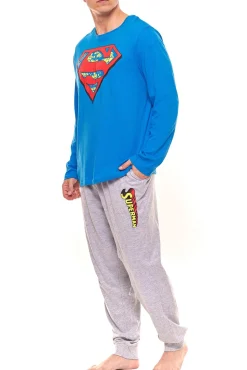 Nachtwäsche & Bademode*DC Comics Herren Superman Schlafanzug Pyjama-Set mit großem Logo auf der Brust Blau/Grau