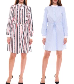 Kleider*DELMAO Damen Baumwoll-Kleid Mini-Kleid gestreiftes Langarm-Kleid Blusen-Kleid Weiß/Blau oder Weiß/Blau/Rot