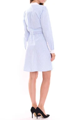 Kleider*DELMAO Damen Baumwoll-Kleid Mini-Kleid gestreiftes Langarm-Kleid Blusen-Kleid Weiß/Blau oder Weiß/Blau/Rot