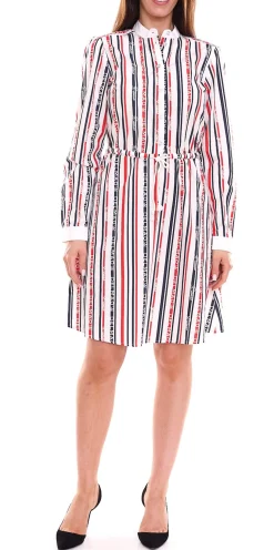 Kleider*DELMAO Damen Baumwoll-Kleid Mini-Kleid gestreiftes Langarm-Kleid Blusen-Kleid Weiß/Blau oder Weiß/Blau/Rot