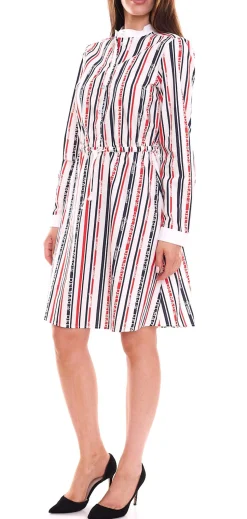 Kleider*DELMAO Damen Baumwoll-Kleid Mini-Kleid gestreiftes Langarm-Kleid Blusen-Kleid Weiß/Blau oder Weiß/Blau/Rot