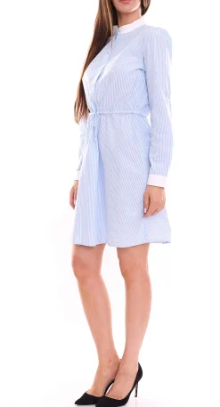 Kleider*DELMAO Damen Baumwoll-Kleid Mini-Kleid gestreiftes Langarm-Kleid Blusen-Kleid 63983442 Weiß/Blau