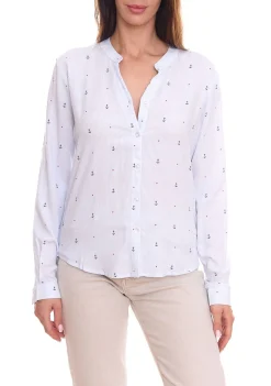 Poloshirts & Blusen*DELMAO Damen Hemd-Bluse mit Allover "Anker & Punkt"-Muster Langarm-Bluse in Nadelstreifen-Optik 42045805 Hellblau