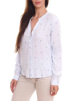 Poloshirts & Blusen*DELMAO Damen Hemd-Bluse mit Allover "Anker & Punkt"-Muster Langarm-Bluse in Nadelstreifen-Optik 42045805 Hellblau