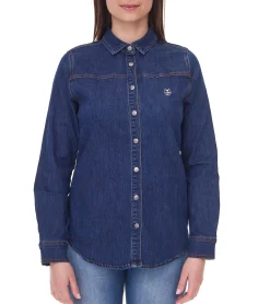 Poloshirts & Blusen*DELMAO Damen Jeans-Bluse Baumwoll-Hemd mit durchgehender Knopfleiste 53461803 Blau