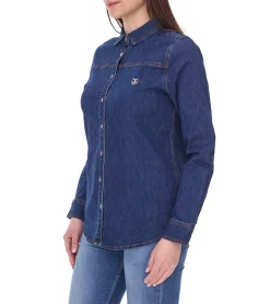 Poloshirts & Blusen*DELMAO Damen Jeans-Bluse Baumwoll-Hemd mit durchgehender Knopfleiste 53461803 Blau